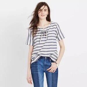 MADEWELL shirt womens Striped Lace-Up Top blue white small